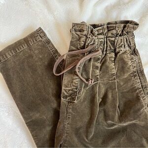 Free People Margate Pleated Corduroy Trouser XS PaperBag Waist Brown Green
